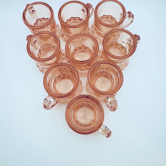 Vintage Lot Of 9 Blush Pink Shot Glasses W/ Handle. Beer Mug Thick Glass Design - Picture 2 of 10